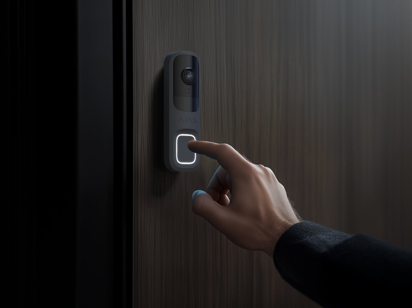 Un dito preme il pulsante di un campanello illuminato su una porta di legno.
