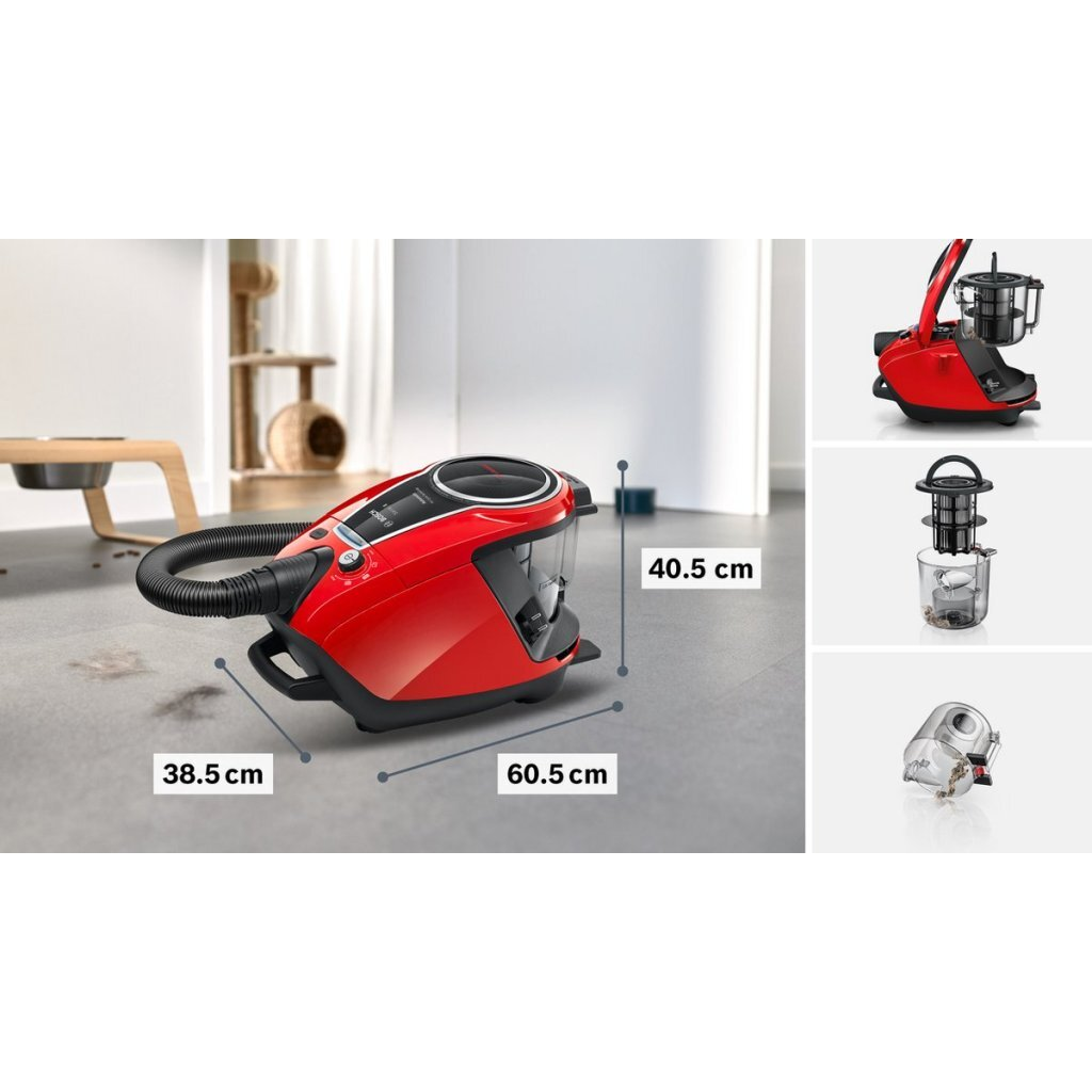 Un aspirapolvere rosso con accessori e dimensioni su un pavimento grigio.