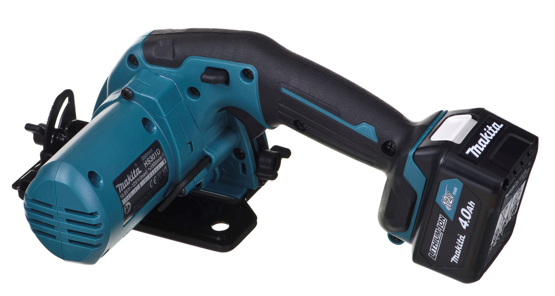 Eine teal- und schwarzfarbene Makita-Kreissäge mit Akku.