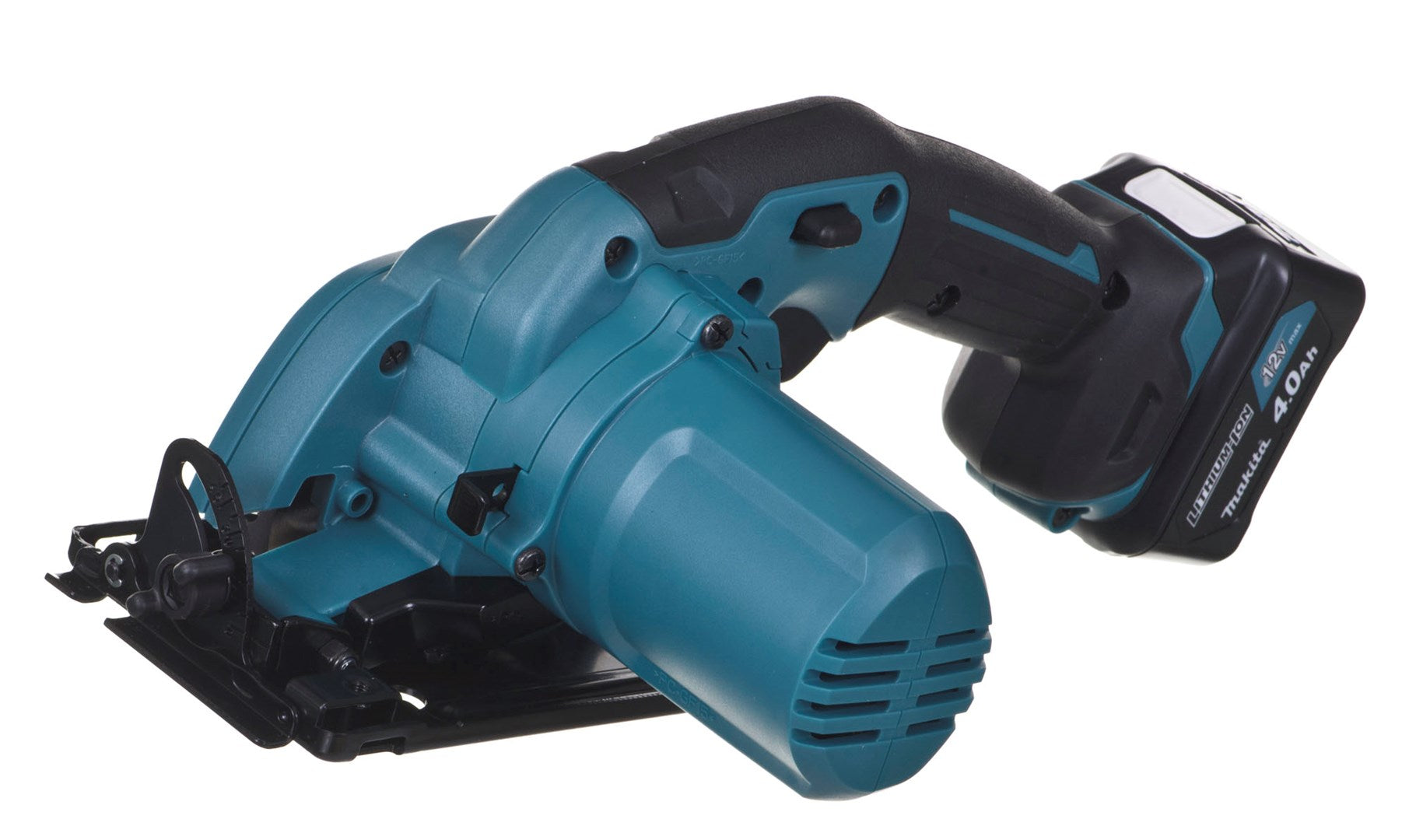 Eine teal-farbene und schwarze Akku-Kreissäge mit weißem Hintergrund.