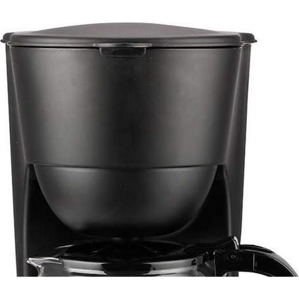 Eine schwarze Kaffeemaschine mit einem schwenkbaren Filterkorb und einem Krug.