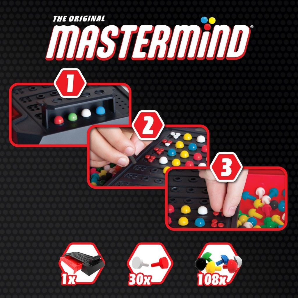 Mastermind Spielanleitung mit 3 Schritten und Zubehör.