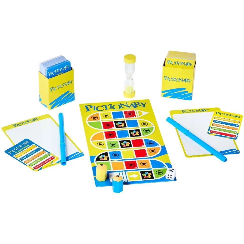 Tabellone del gioco Pictionary con carte, penne, clessidra e dadi.