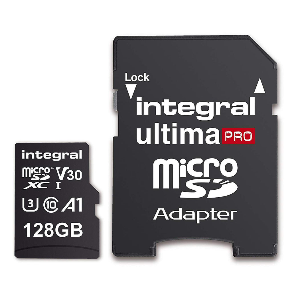 Scheda Integral microSDXC 128GB e adattatore con marchio 'ultima PRO'.