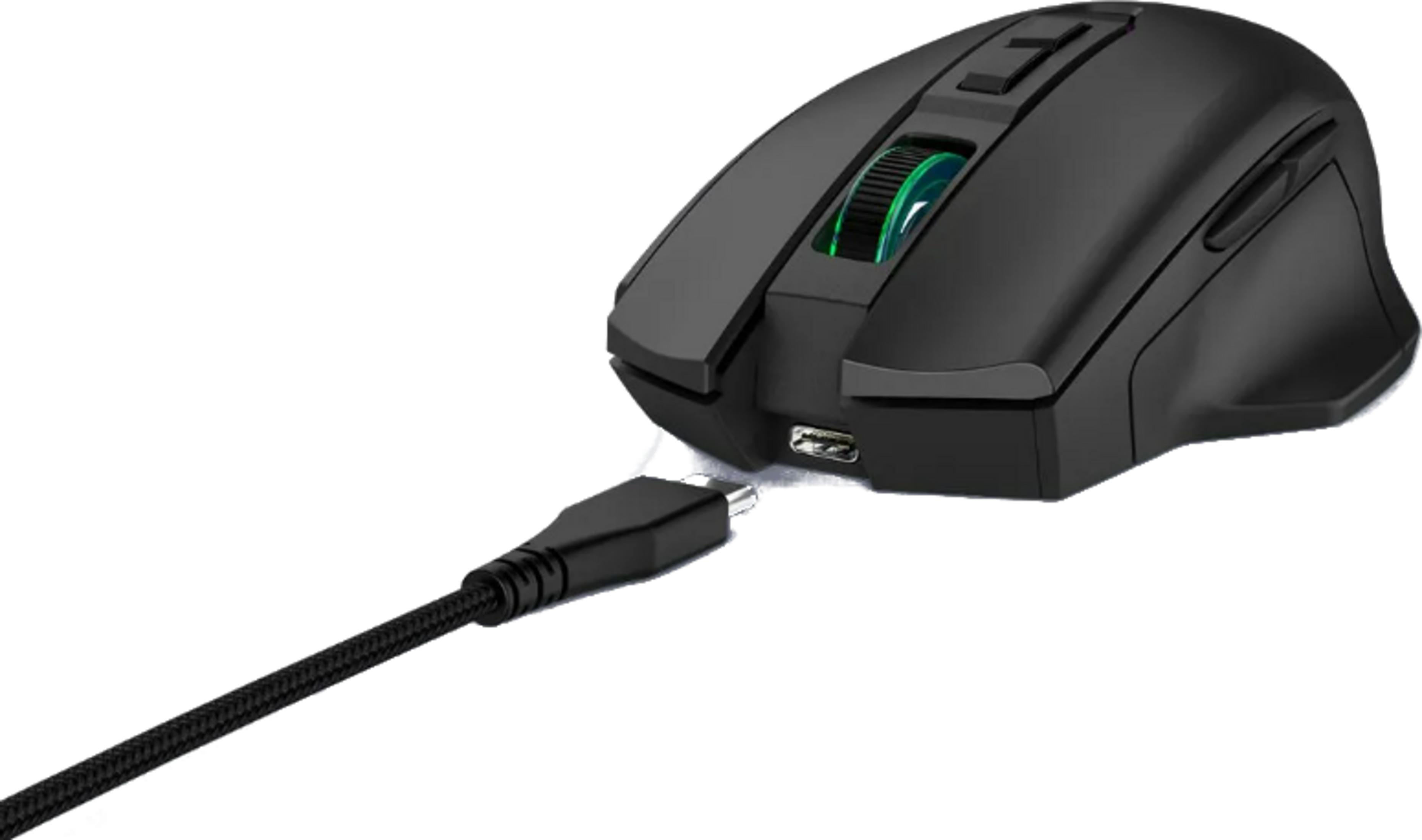Schwarze Gaming-Maus mit USB-C-Kabel und beleuchtetem Scrollrad.