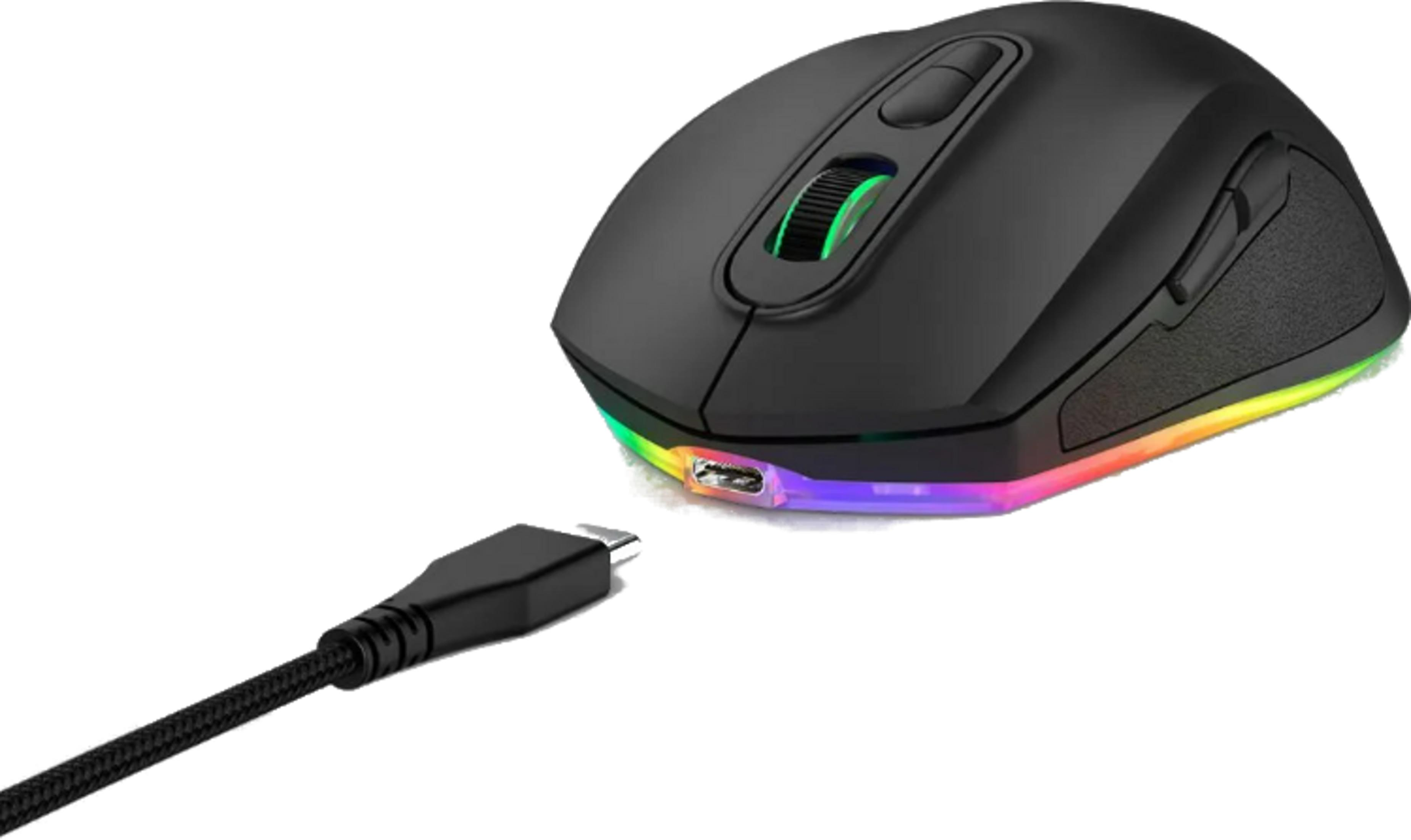 Mouse nero con illuminazione RGB e cavo USB-C su sfondo bianco.
