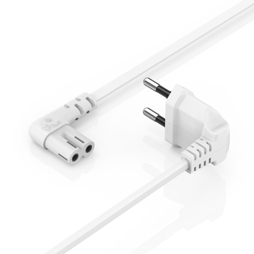 Weißes Stromkabel mit gewinkeltem EU-Stecker und C5-Anschluss.