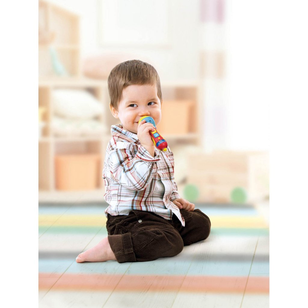 Un bambino in camicia a quadri è seduto per terra, tiene in mano un microfono giocattolo colorato.
