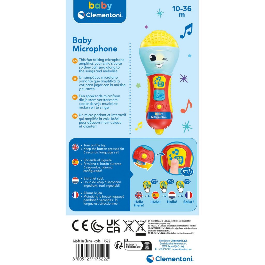 Microfono Baby Clementoni per 10-36 mesi con pulsanti colorati e luci.