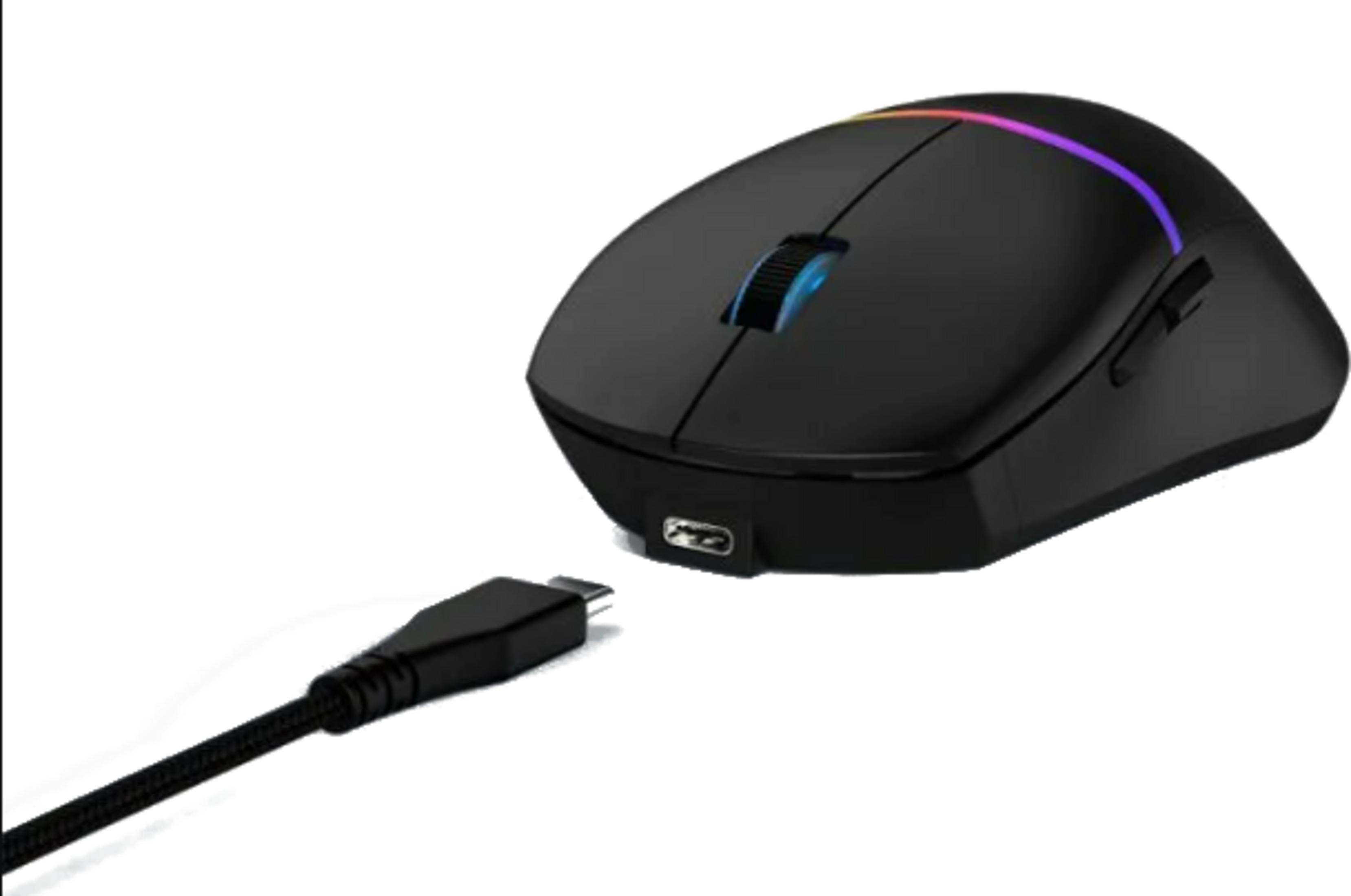 Schwarze Gaming-Maus mit RGB-Beleuchtung und USB-C-Kabel