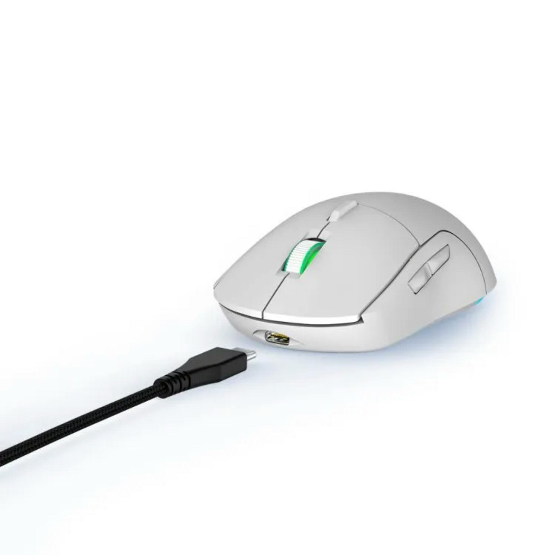 Eine weiße Computermaus mit einem grünem Rad und einem schwarzen USB-C-Kabel.