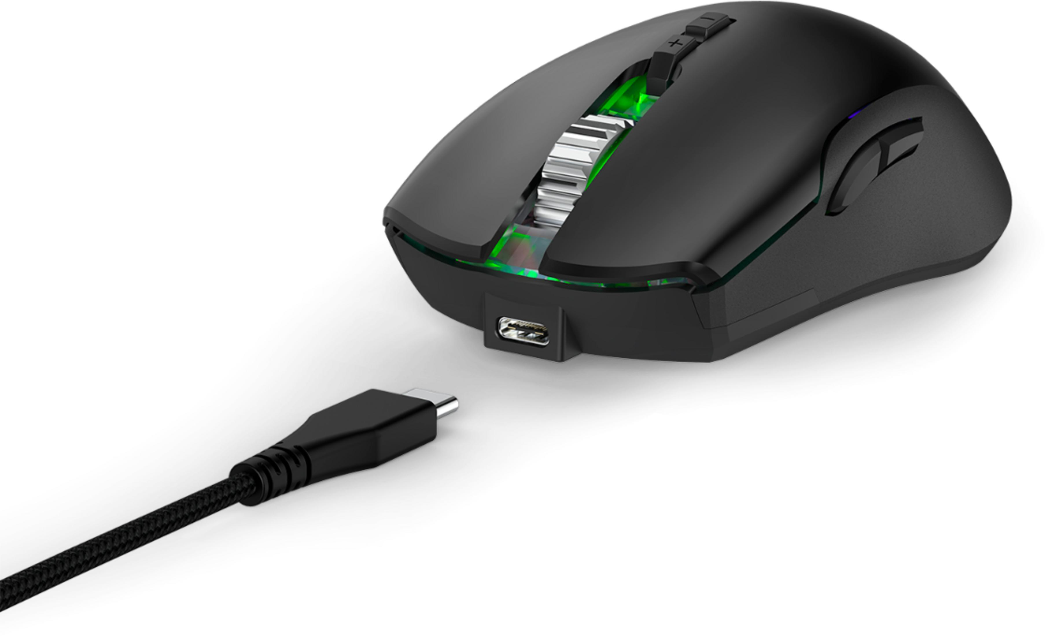 Schwarze Gaming-Maus mit USB-C-Kabel und grüner Beleuchtung.
