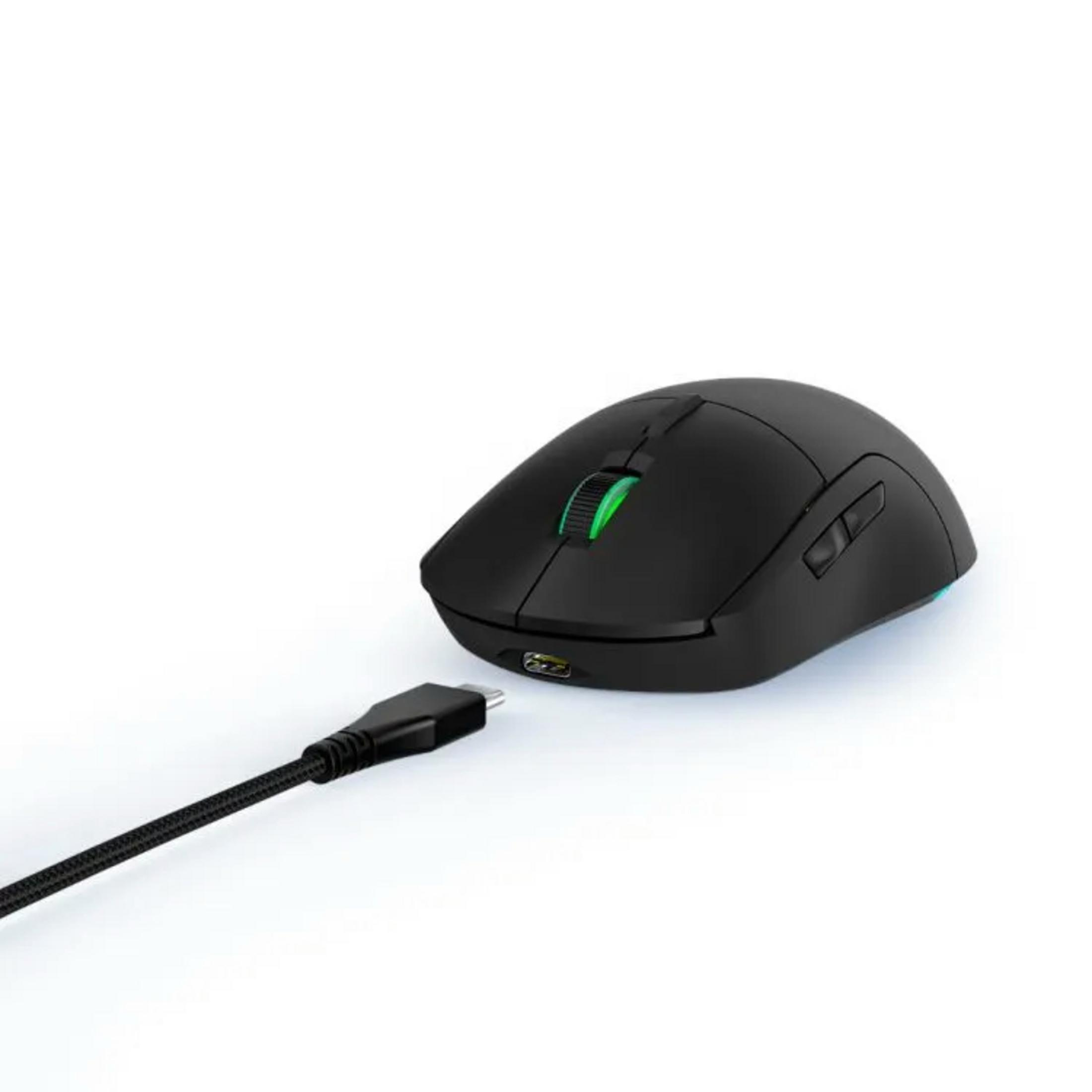 Schwarze Maus mit grünem Rad und USB-C-Kabel auf weißem Hintergrund.