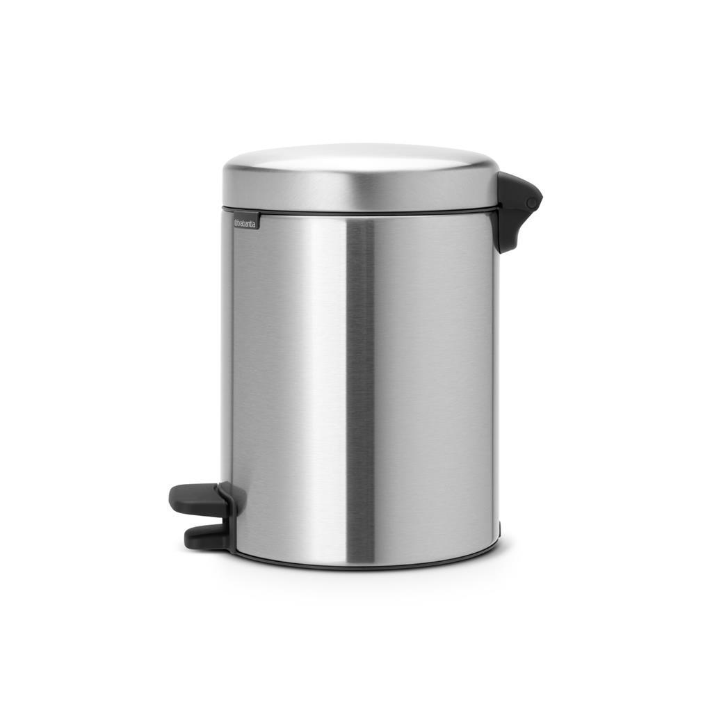 A round, silver pedal bin with a black pedal and handle.