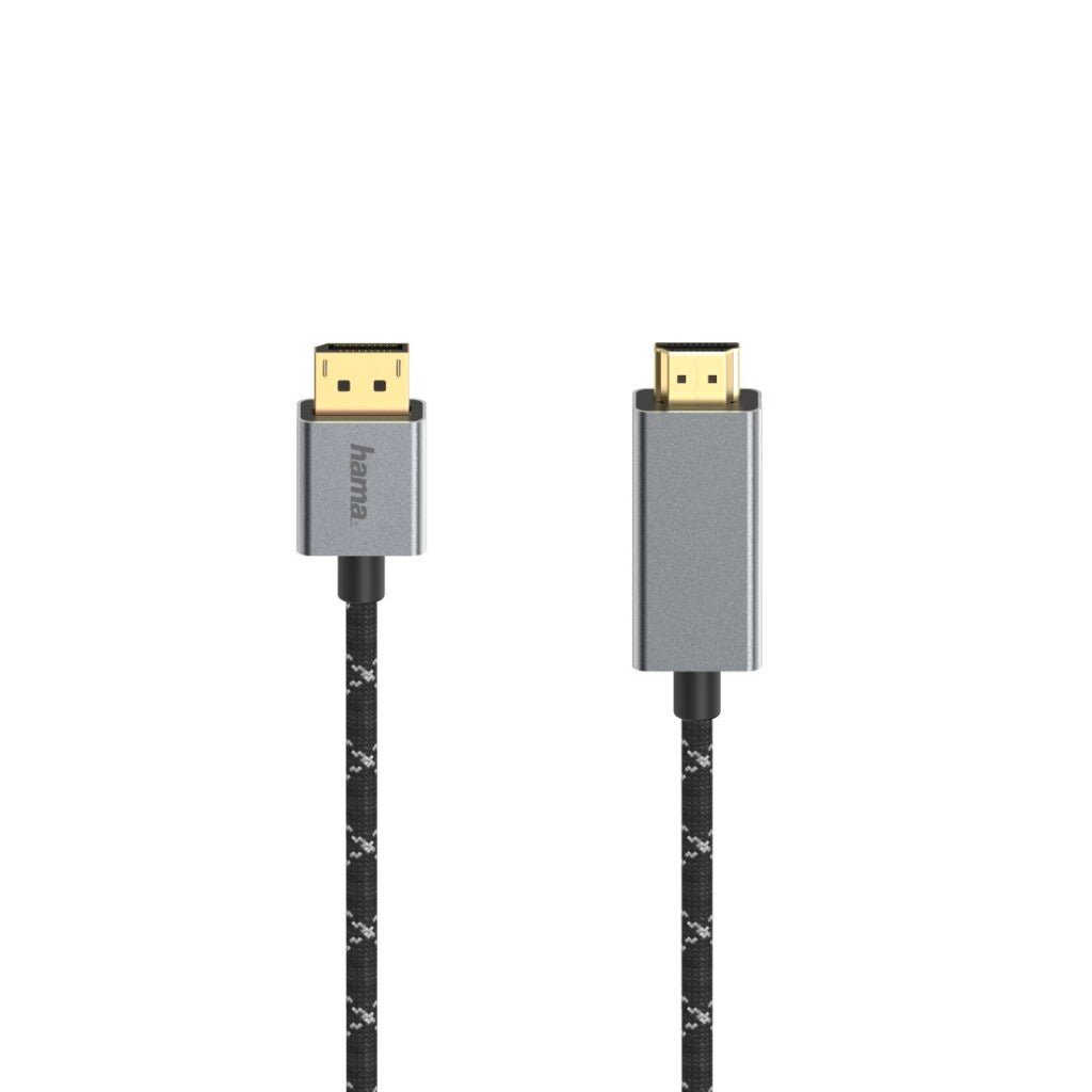 Dwa kable HDMI Hama ze złotymi złączami i plecionymi przewodami na białym tle.
