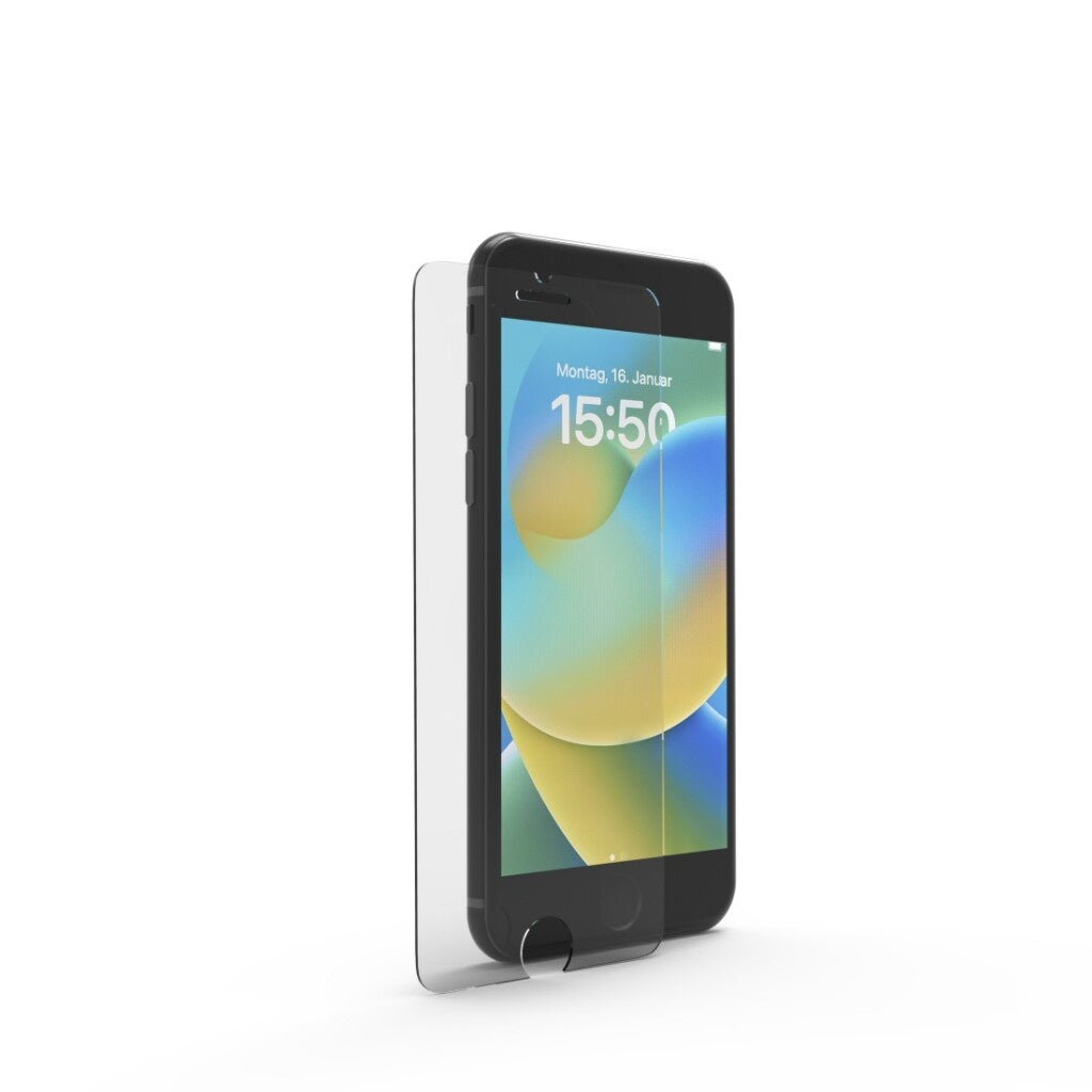 Uno smartphone nero con una protezione per lo schermo accanto.