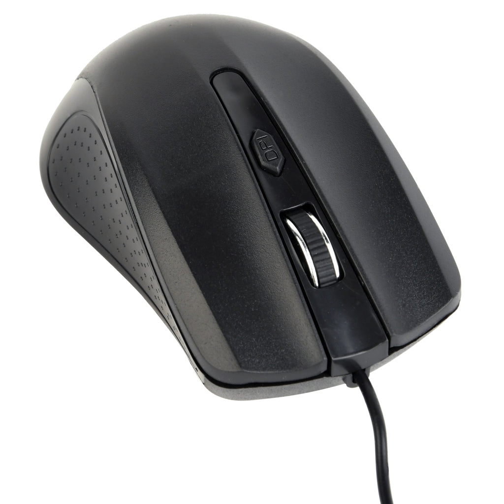 Black computer mouse with a scroll wheel and DPI button on a white background.
