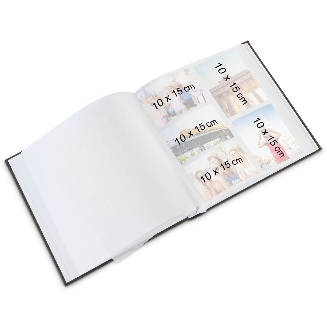 Ein offenes Fotoalbum mit leeren Seiten und Fotos im Hochformat.