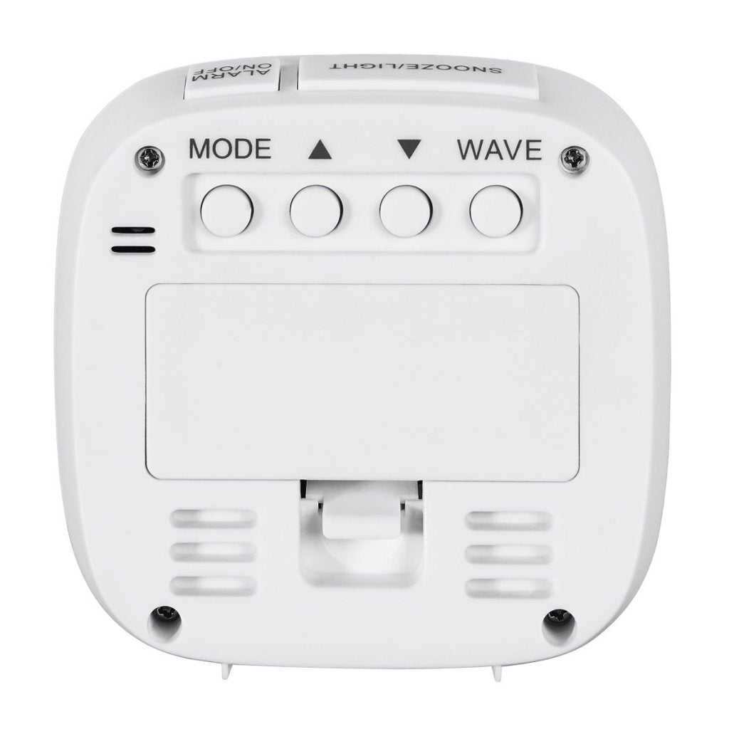 Weier Digitalwecker Rcken mit Tasten: MODE, WAVE, ALARM AN/AUS, SchlUMMER/LICHT.