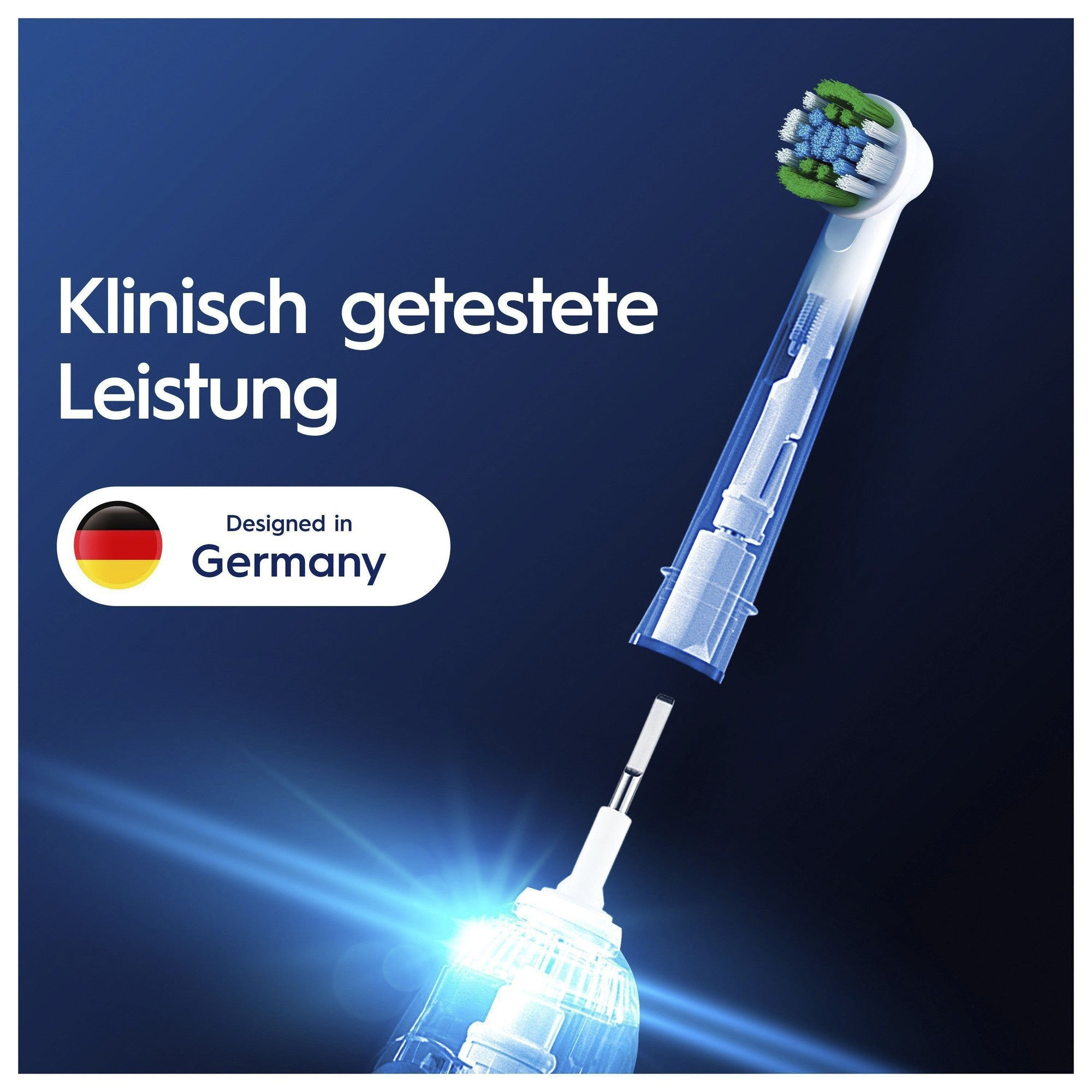 Tête de brosse à dents électrique avec poils verts et bleus, conçue en Allemagne.