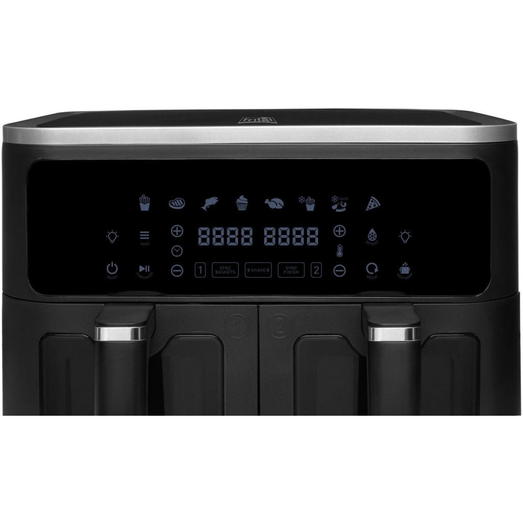 Black air fryer with digital display and cooking icons.