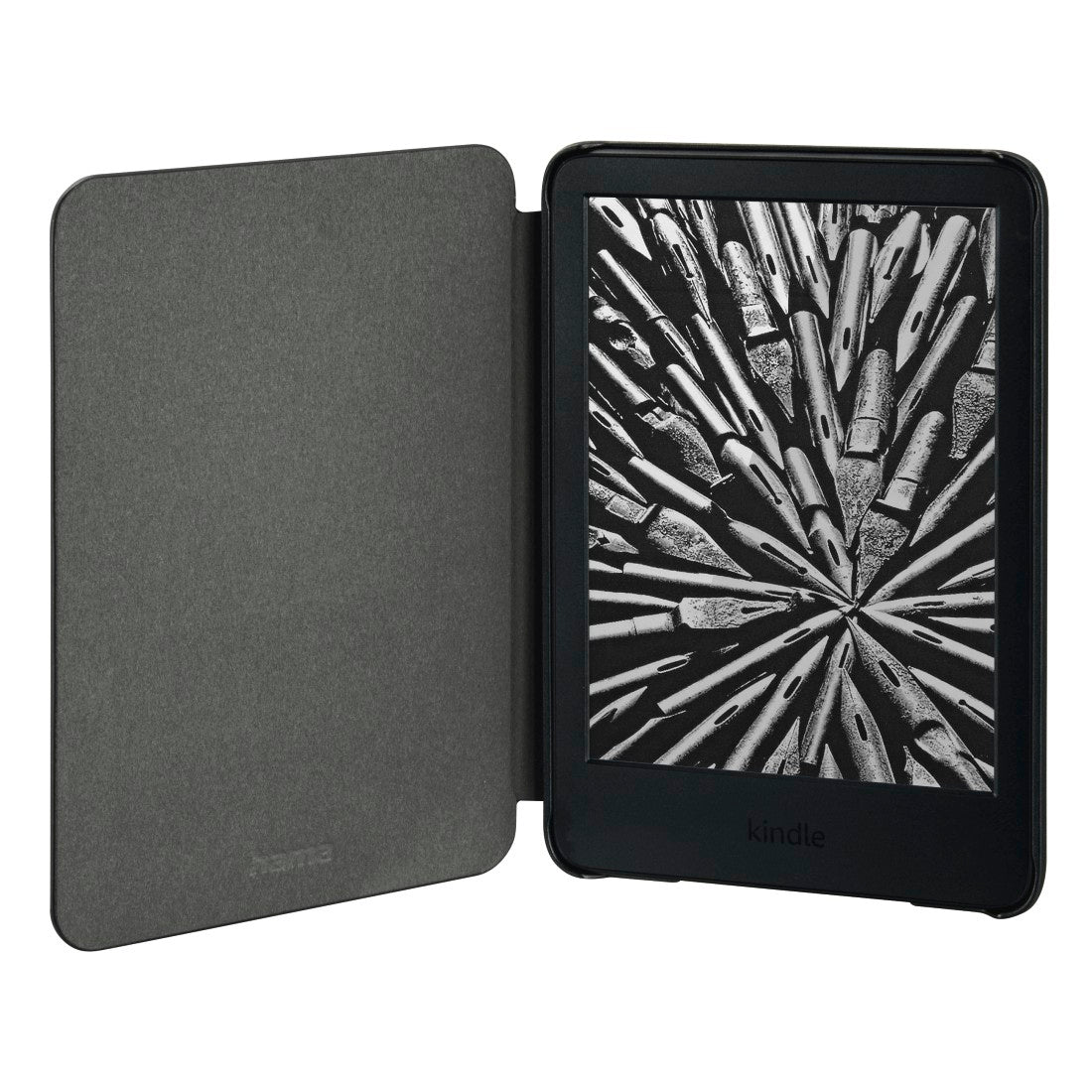 E-reader Kindle nero con copertina grigia aperta che mostra una stella di punte di matita.