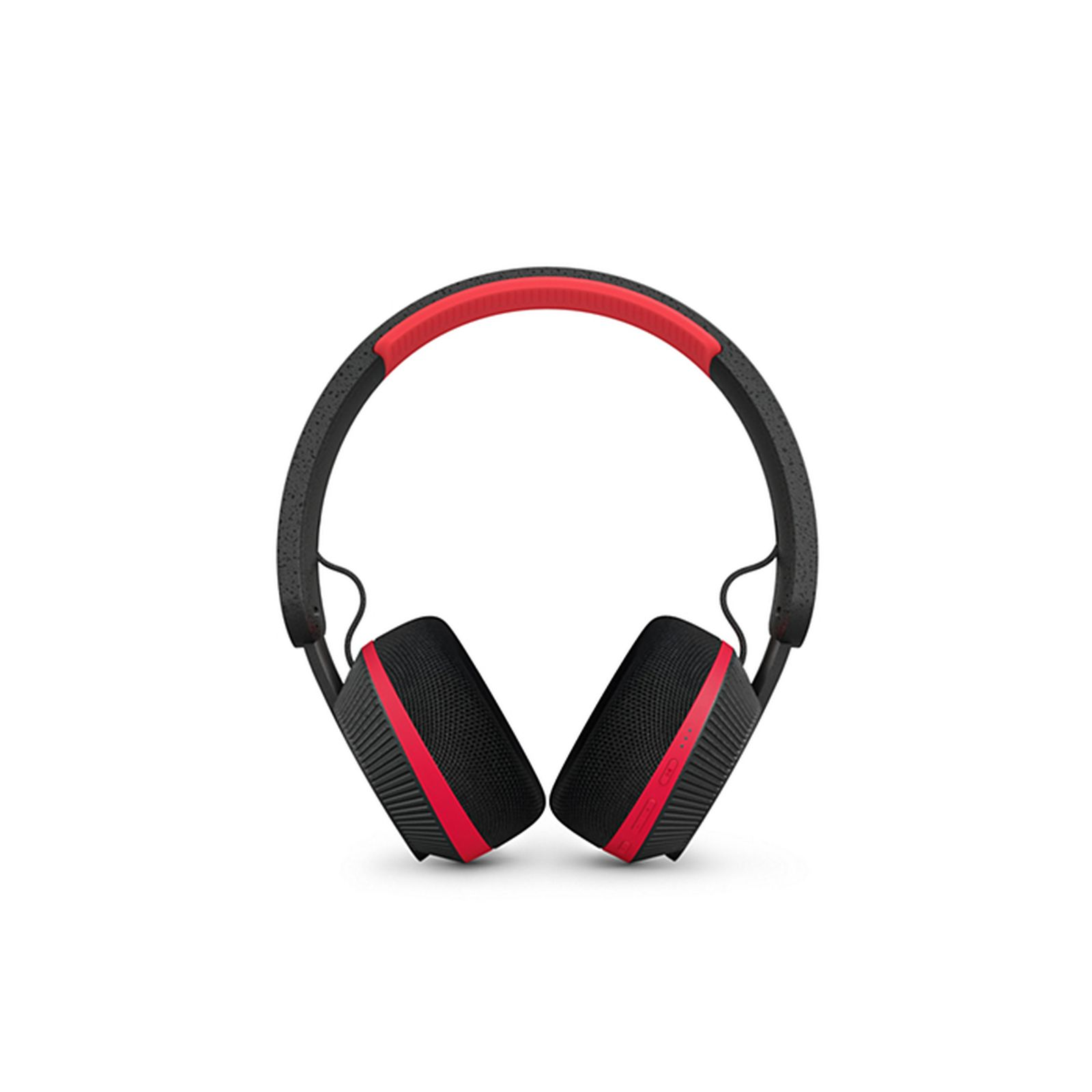 Casque noir avec arceau et accents rouges.