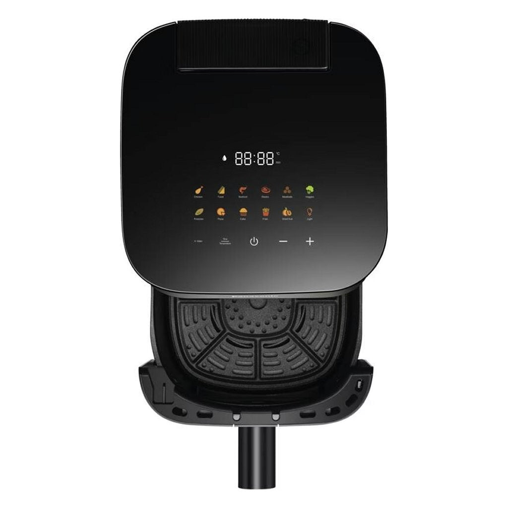 Friggitrice ad aria nera con display digitale e icone di cottura.