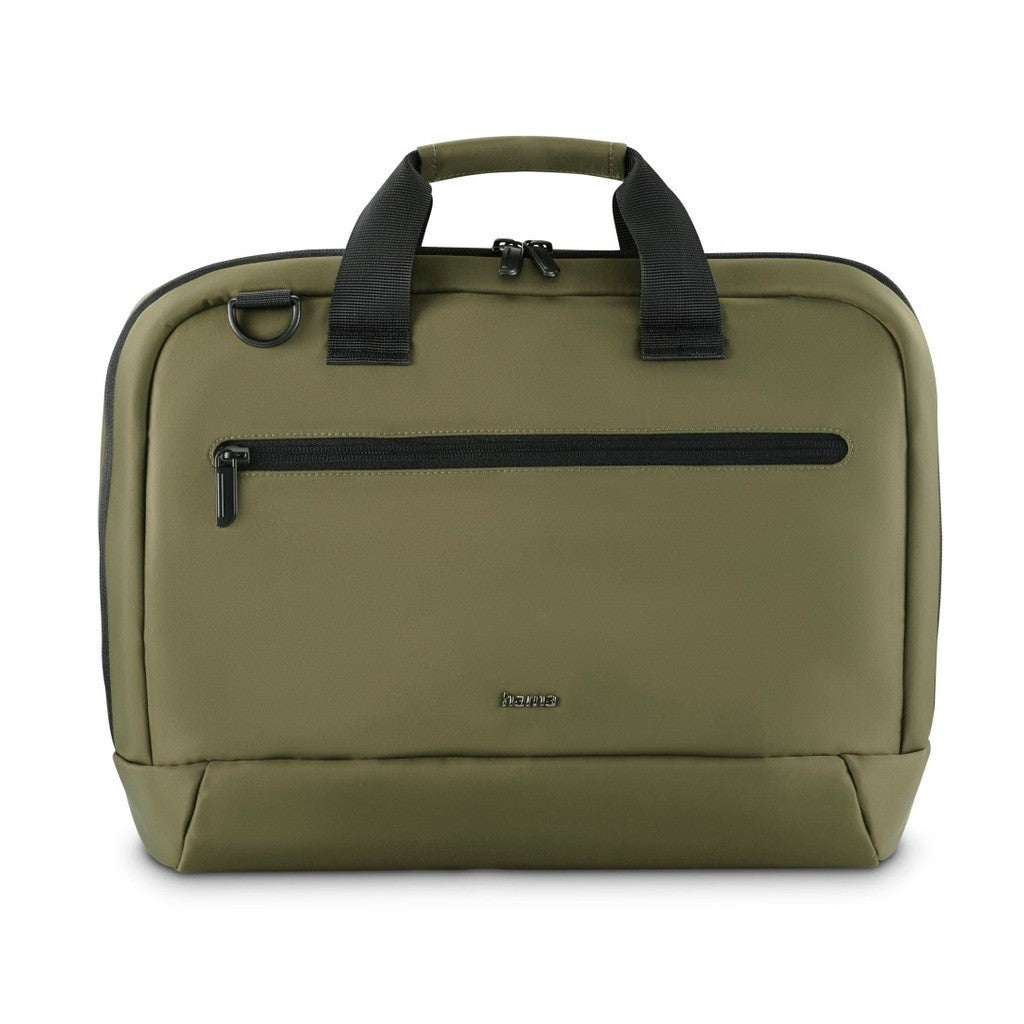 Borsa verde per laptop con manici e tasca con cerniera.