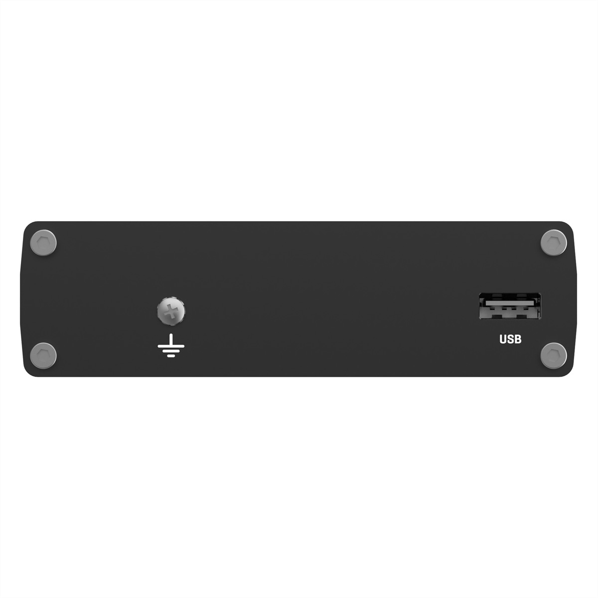 Zwarte behuizing met USB-poort en aardesymbool.
