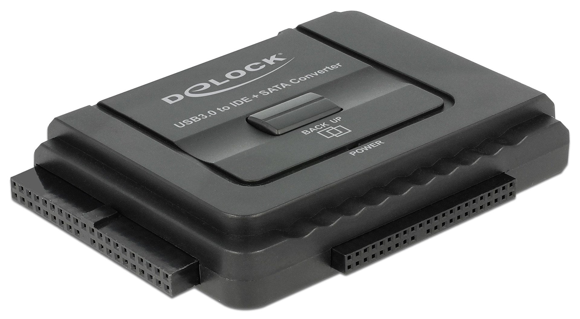 Convertisseur noir USB 3.0 vers IDE + SATA avec connecteurs.