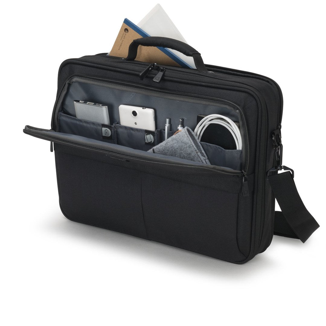 Sacoche d'ordinateur portable noire avec compartiment ouvert rempli de téléphone, batterie externe, stylos, câbles et carnet.