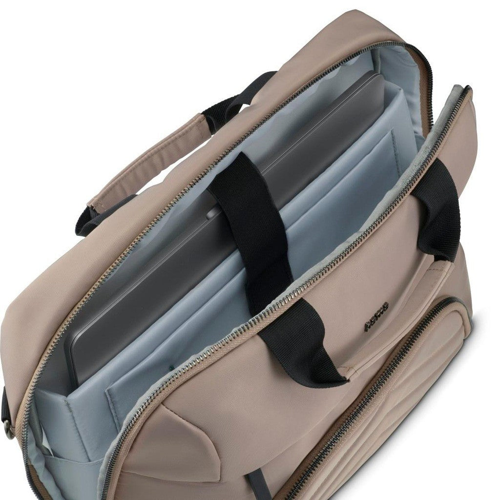 Interno borsa porta PC beige con PC e scomparti