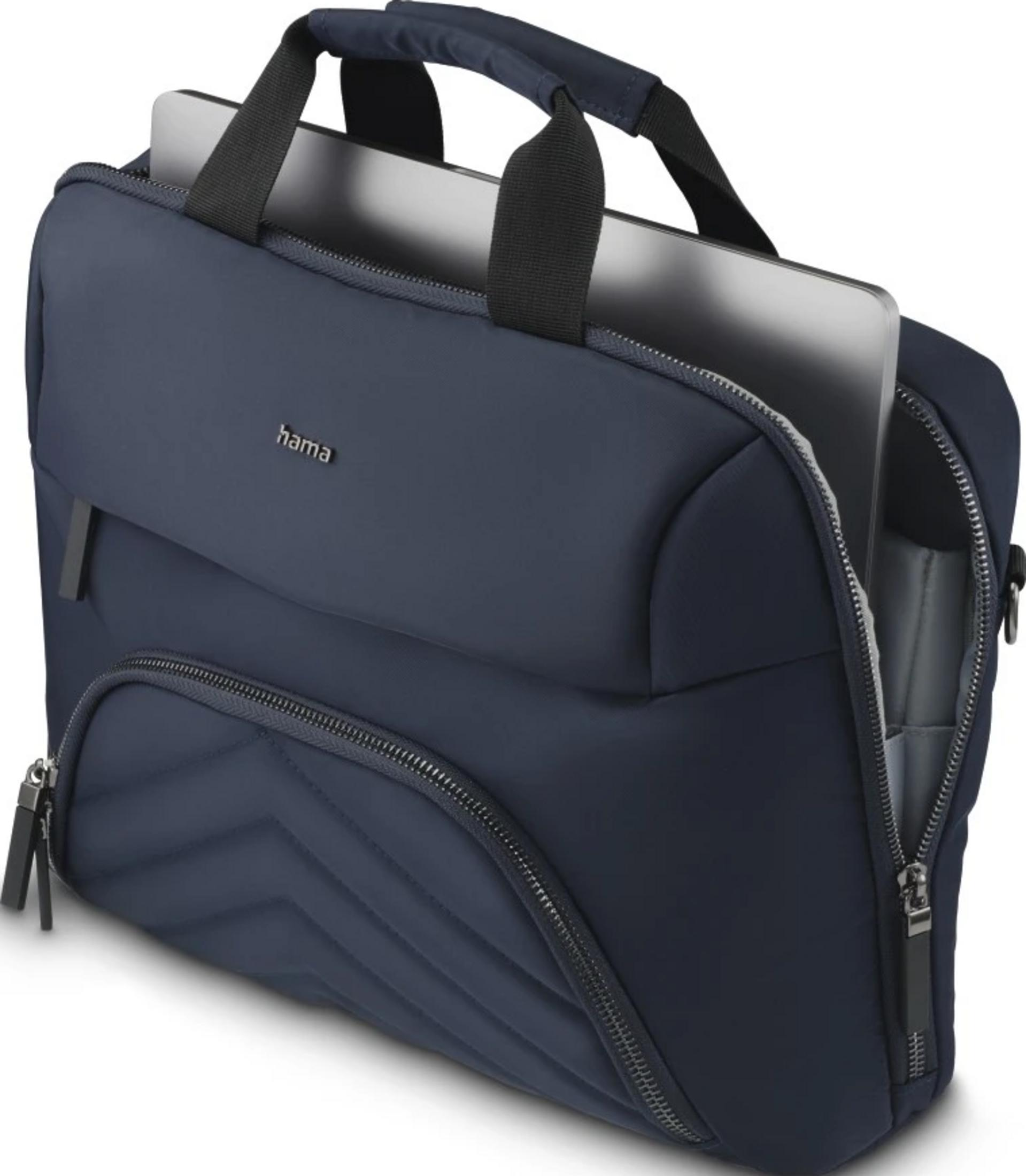 Dunkelblaue Laptoptasche mit silbernem Reißverschluss und Griff. Laptop ragt heraus.