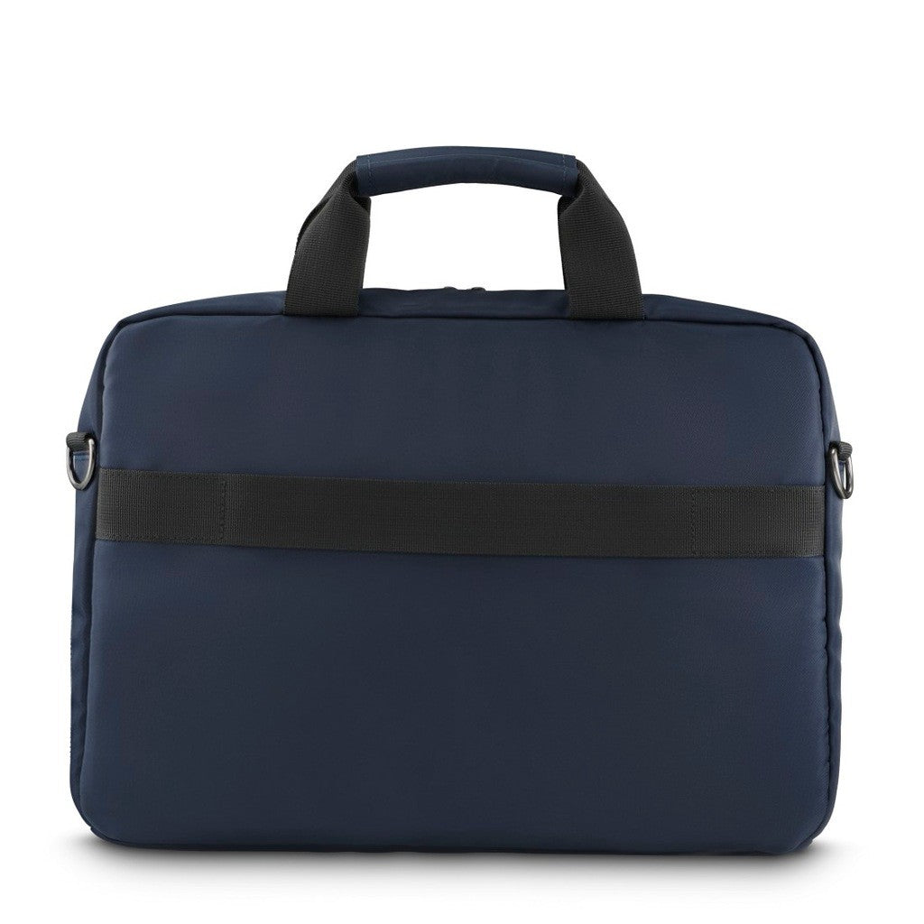 Dunkelblaue Laptoptasche mit zwei Tragegriffen und einem Schultergurt.