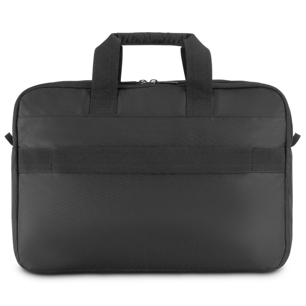 Borsa nera per laptop con manici e chiusura a zip.
