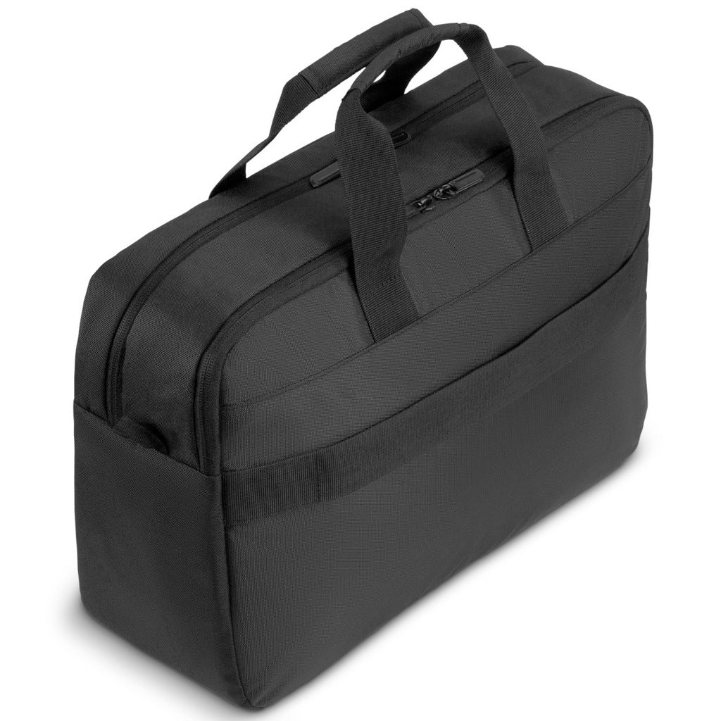 Una borsa da viaggio nera con due manici e uno scomparto con cerniera sul davanti.