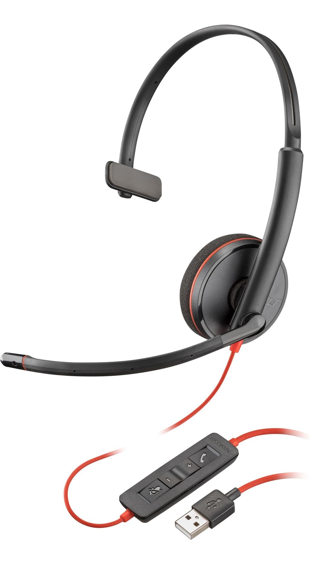 Cuffia nera con braccio microfono, cavo rosso e connettore USB.