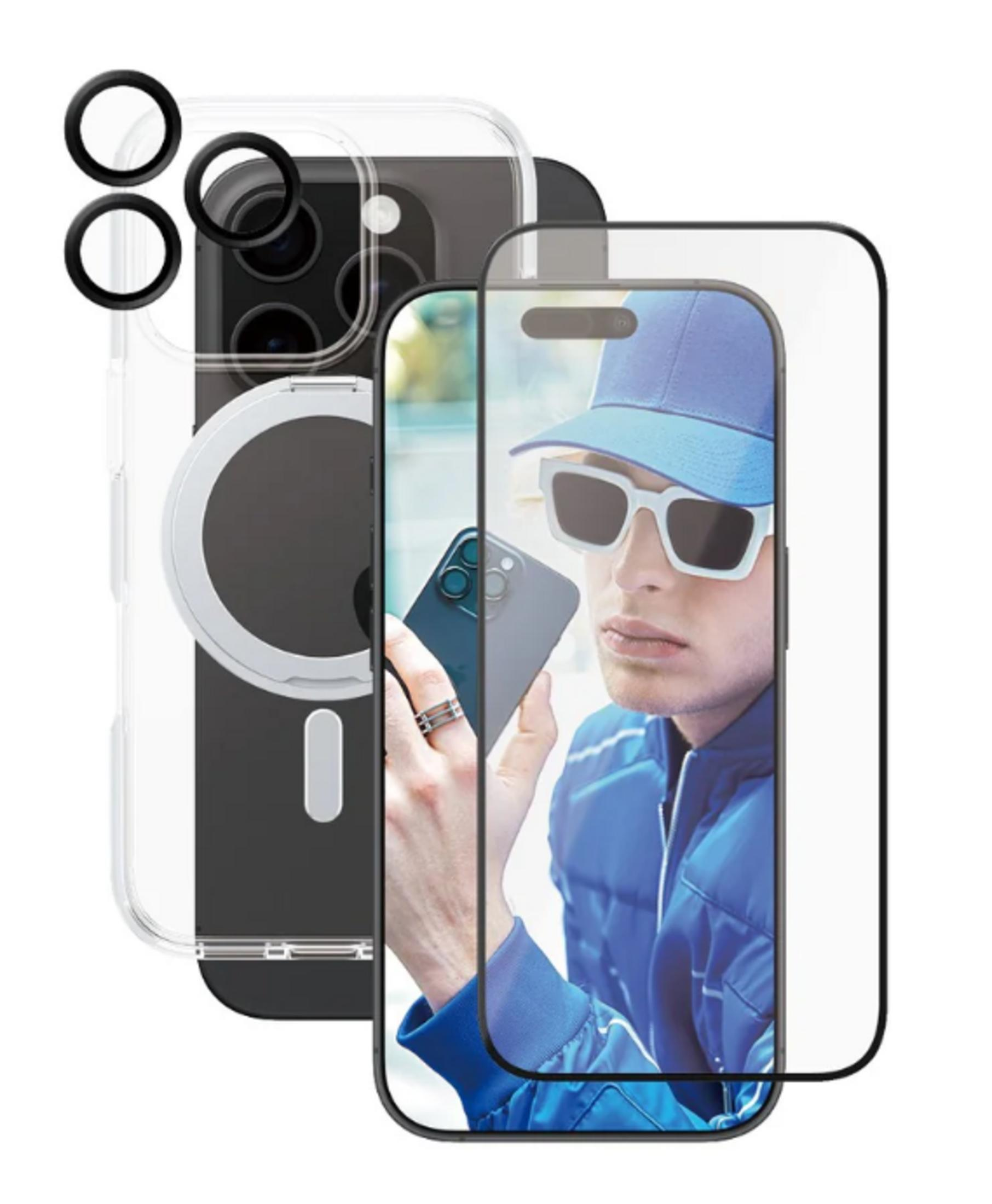 Telefon kılıfı, lens halkaları ve güneş gözlüklü bir adam beyaz arka planda.