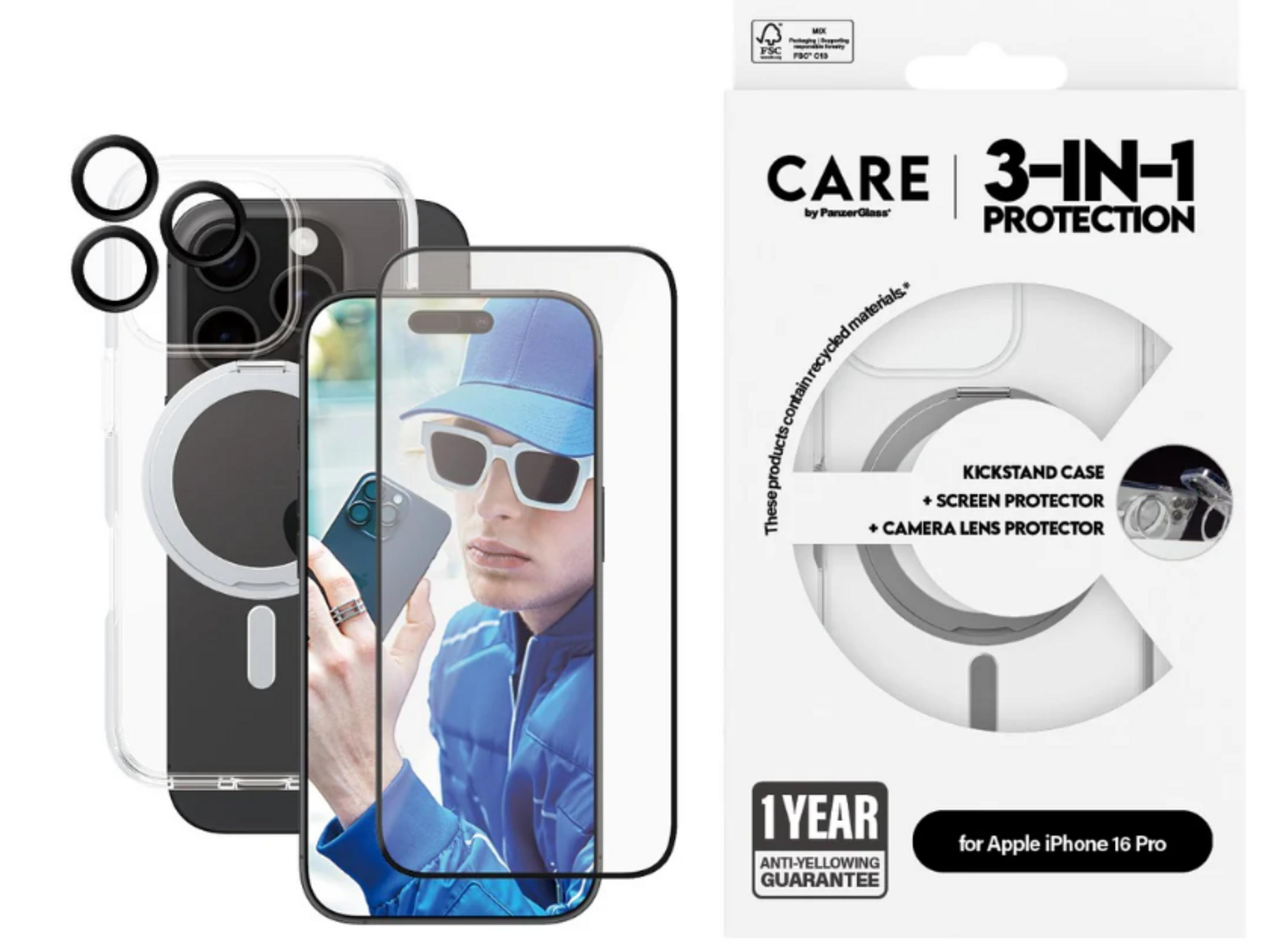 iPhone 16 Pro için 3'ü 1 arada koruma, stantlı kılıf, ekran ve kamera koruyucu içerir.