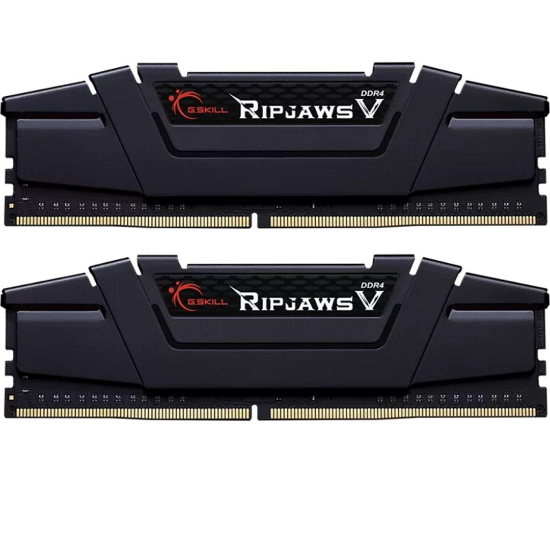 Zwei schwarze G.Skill Ripjaws V DDR4 RAM-Module nebeneinander.