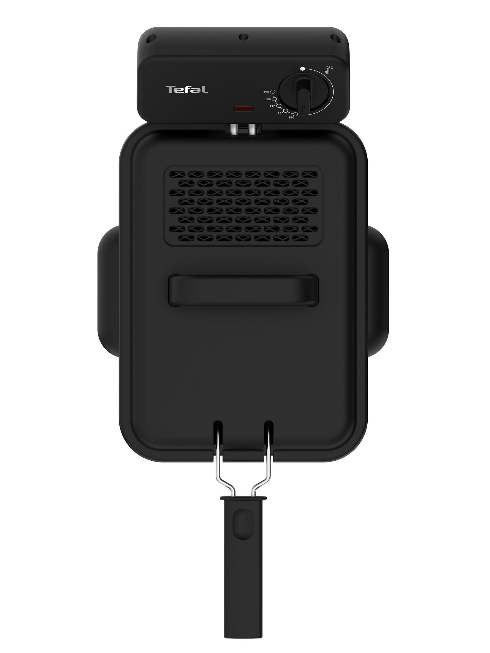 Friteuse Tefal nera con quadrante temperatura e manico.