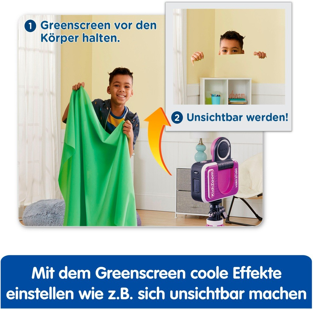 Junge hält grünen Greenscreen, daneben Beispielbild & Kamera.