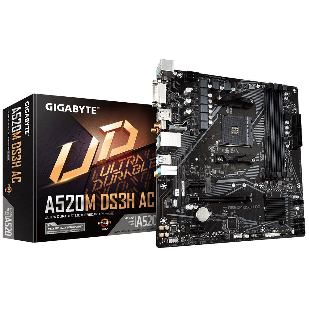 Carte mère Gigabyte A520M DS3H AC et sa boîte sur fond blanc.