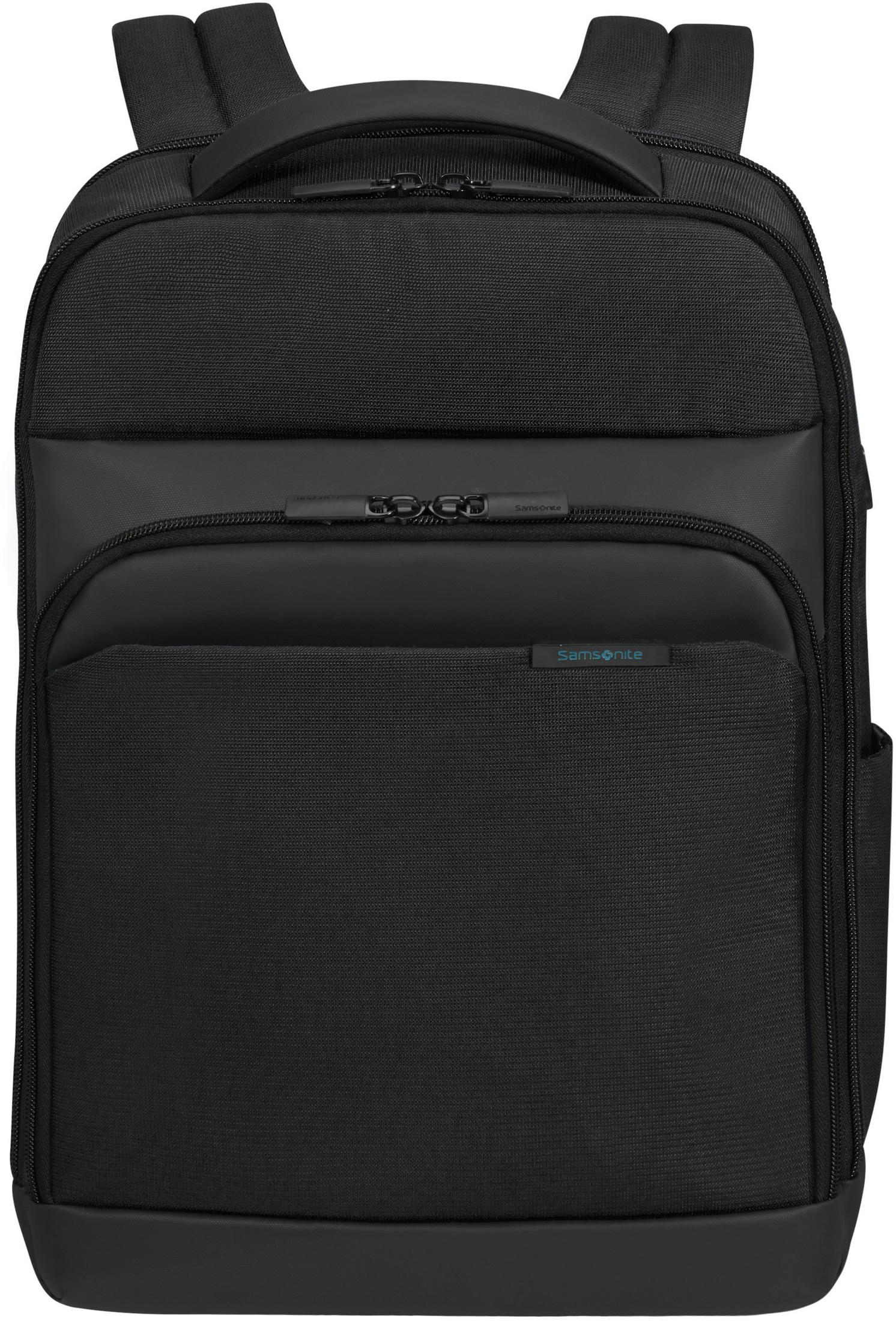Schwarzer Rucksack mit gepolsterten Trägern und mehreren Reißverschlusstaschen.