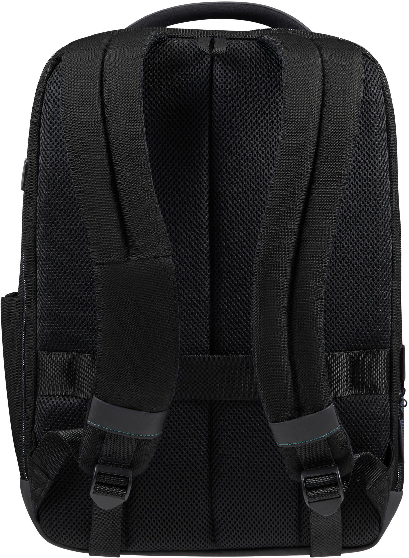 Schwarzer Rucksack mit gepolstertem Netzrücken und Trägern. Oberer Griff und verstellbare Schultergurte.