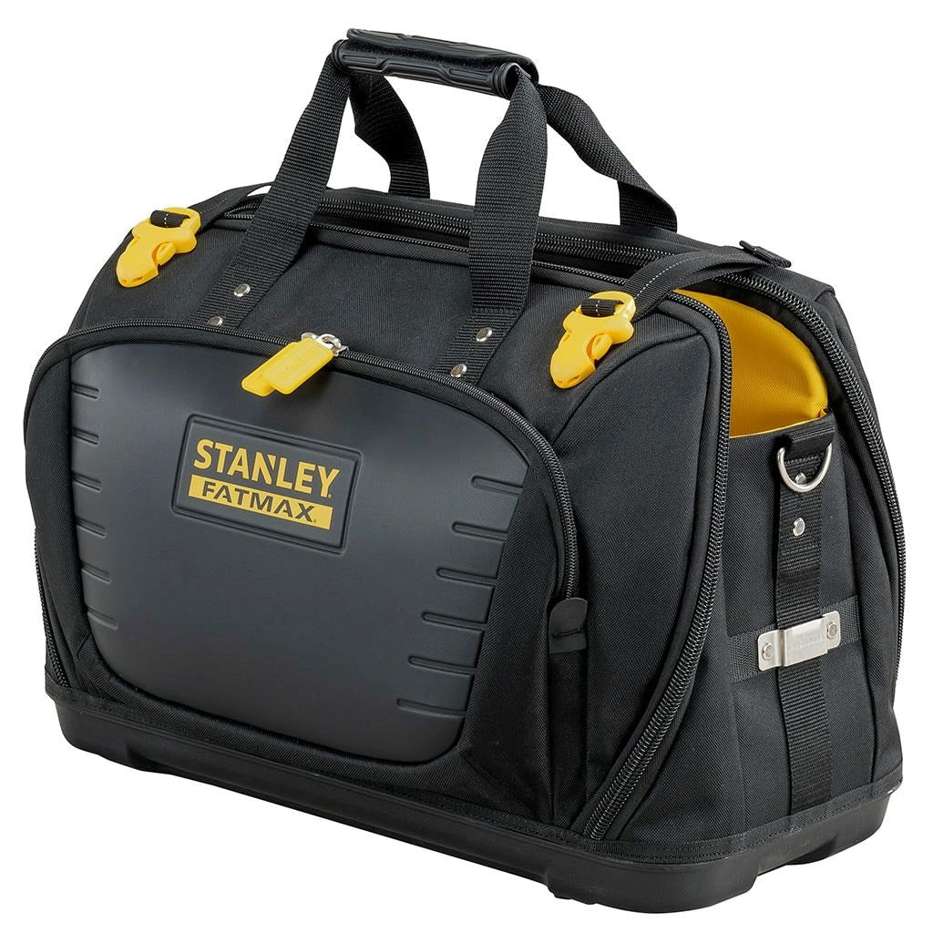 Schwarze Werkzeugtasche mit gelben Akzenten und Stanley Fatmax-Logo.