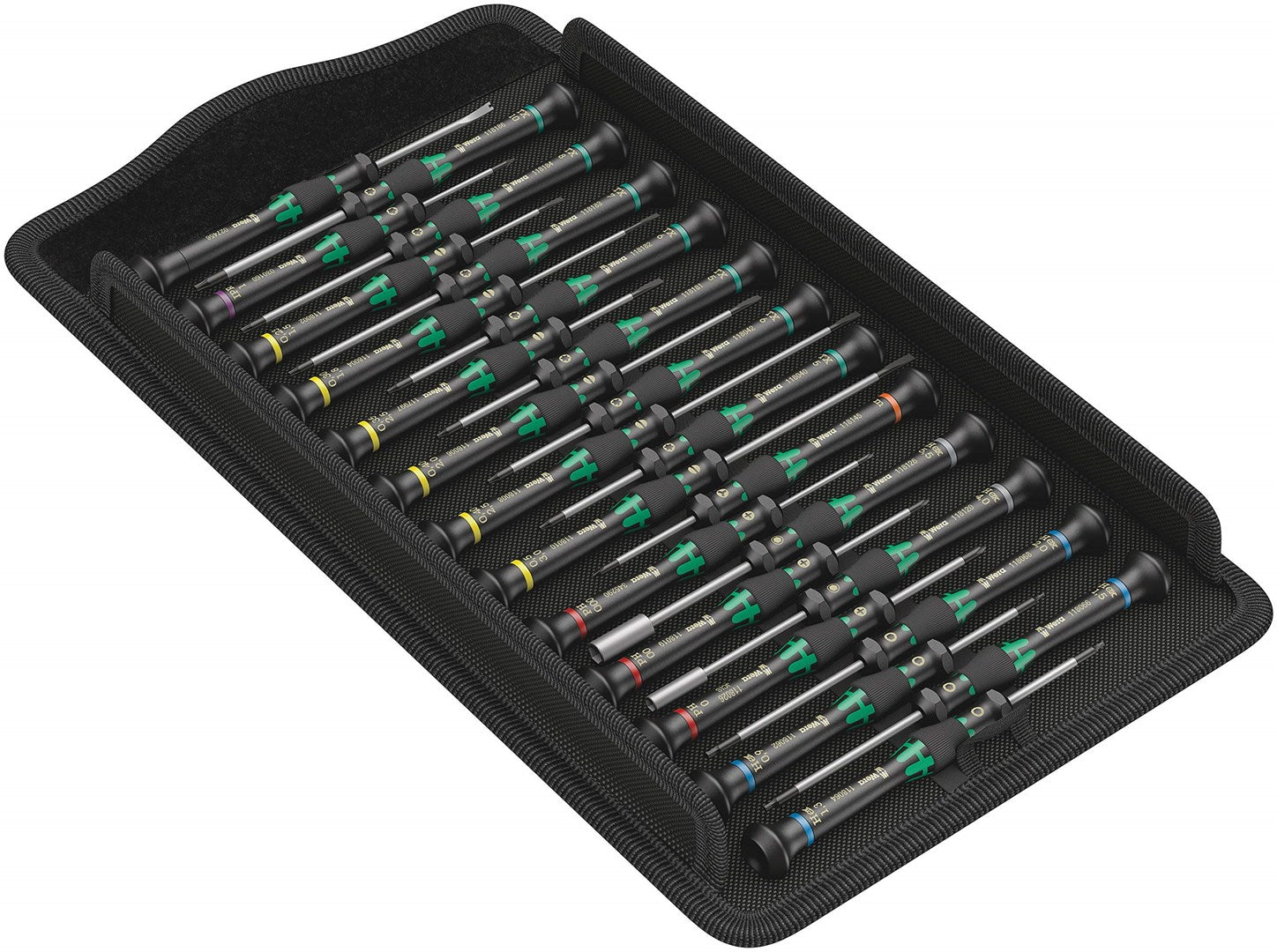 A black case containing many precision screwdrivers with black handles and colored ends.