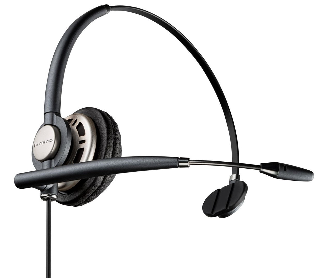 Un auricolare Plantronics nero con microfono, su sfondo bianco.