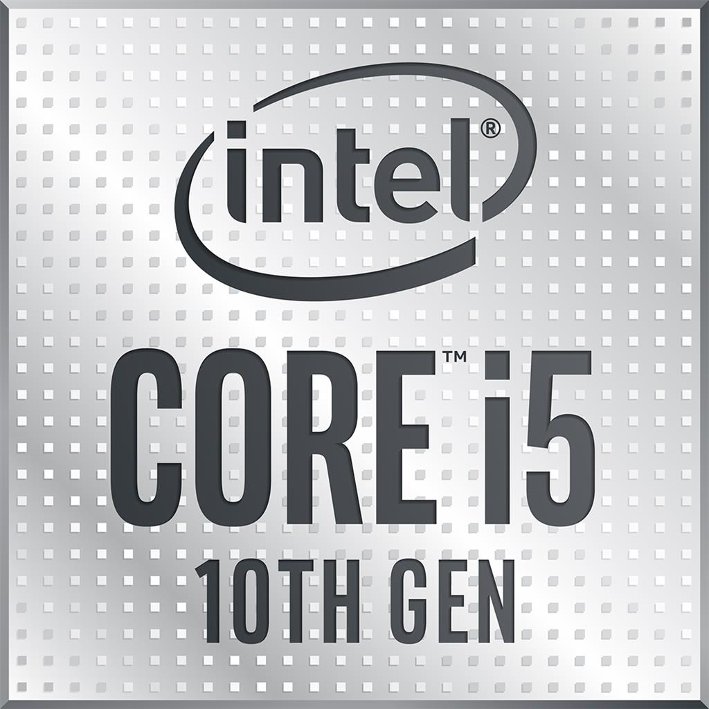 Logo Intel Core i5 10ª gen su sfondo metallico con piccoli quadrati.